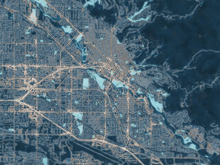 Painterly Style City Map of Boise Idaho, USA in a Blue Color Scheme.