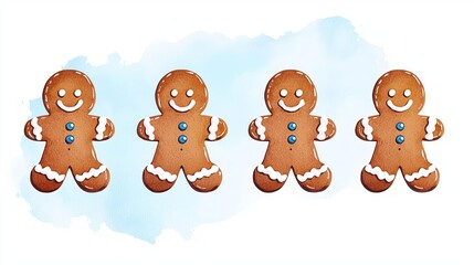 Fototapeta premium Four cheerful gingerbread cookies on a light blue watercolor background.