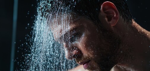 Dramatic shot of a man in the shower, water falling across his face, intense and contemplative expression, cool lighting and cinematic feel