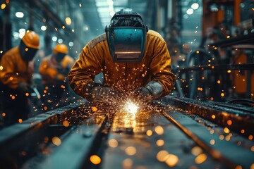 workers and welders in a factory focused on arc welding tasks bright sparks illuminate the darkened workspace showcasing the industrial atmosphere of manufacturing