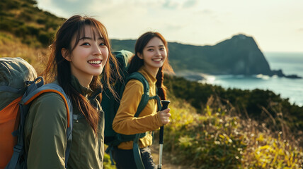 済州島・城山日出峰へハイキングする女性二人