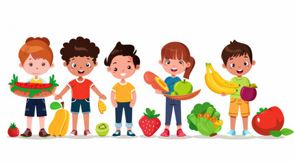 Obraz premium Five cheerful children holding various fruits and vegetables, showcasing colorful assortment of healthy foods. Their joyful expressions promote healthy eating habits