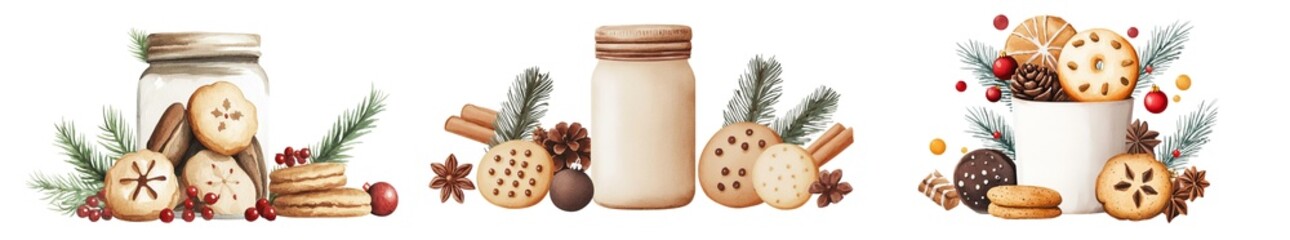 Delicious holiday cookies in festive containers with cinnamon and pine sprigs, on a white isolated background.