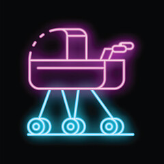 Vibrant neon sign depicting a baby stroller, illuminated against a dark backdrop, perfect for themes of childhood, parenting, and baby products