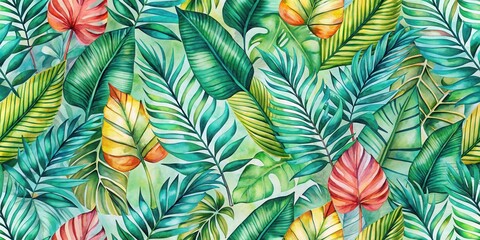 Fototapeta premium A Vibrant and Lush Watercolor Painting of Tropical Foliage Featuring an Array of Green, Yellow, and Red Leaves