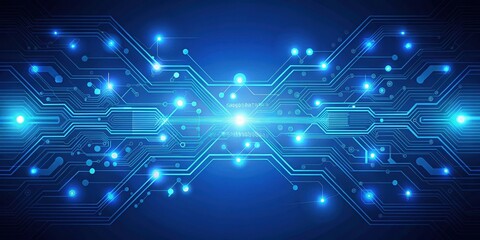 Obraz premium Abstract digital circuit board design with glowing lines and nodes on a dark blue background