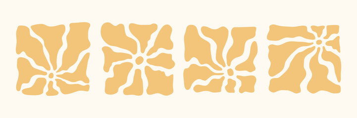 Groovy Sun Background Set. Psychedelic Vintage Print. Abstract organic shapes in cartoon style. Vector