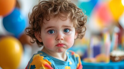 Obraz premium Sad Birthday Celebration, a vibrant party scene filled with colorful decorations, contrasting with the birthday child's unhappy expression.