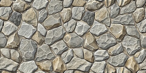 A Seamless Pattern of Irregularly Shaped Stones in Shades of Grey and Beige,  Illustrating a Rustic and Natural Stone Wall Texture