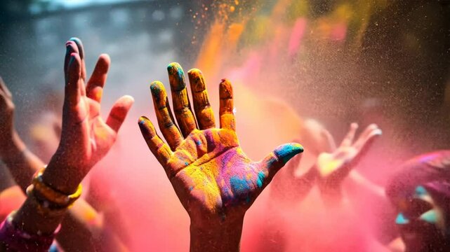 Vibrant Holi Festival: Colorful Hands in Celebration 