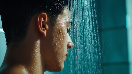 Introspective moment of a man in the shower, water flowing over him, serene and soft blue tones, capturing the calm and tranquility of the scene