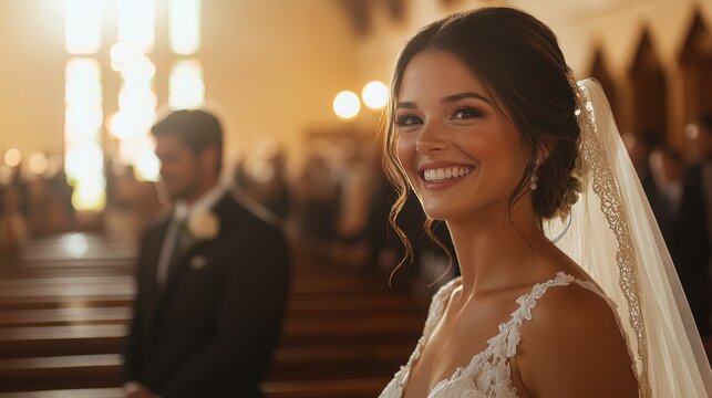 Joyful bride walking down the aisle, ex-lover observing with heartache, contrasting emotions captured in a poignant moment of love and loss