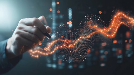 Double exposure: businessman's hand drawing digital waves.