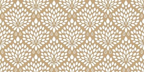 Fototapeta premium A Repetitive Pattern of White Leaf Motifs with Subtle Brown Droplets on a Tan Background