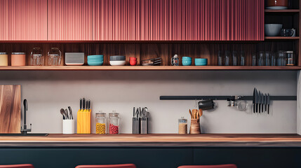 Colored home kitchen interior with bar counter, shelves and kitchenware