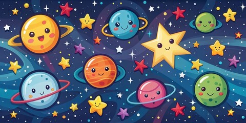A whimsical space scene featuring smiling planets and stars with vibrant colors and playful patterns.