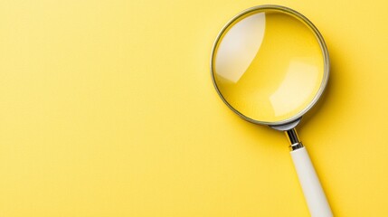 Magnifying glass placed on a bright yellow surface, clean and simple design, representing search and exploration with a striking contrast