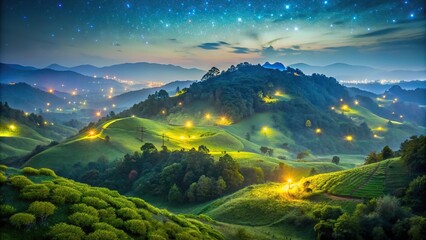 Fototapeta premium Spectacular view of a night in a hill with fireflies
