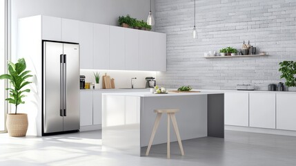 Modern kitchen with a sleek stainless steel refrigerator, white cabinets, and a gray brick backsplash, clean and contemporary design