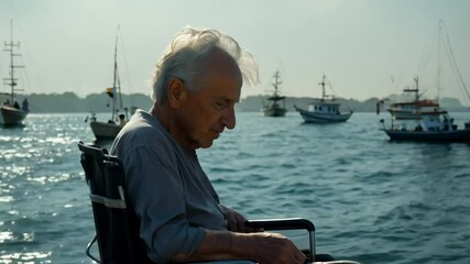 Elderly man in a wheelchair watches boats glide across the ocean while enjoying a moment of tranquility on the pier