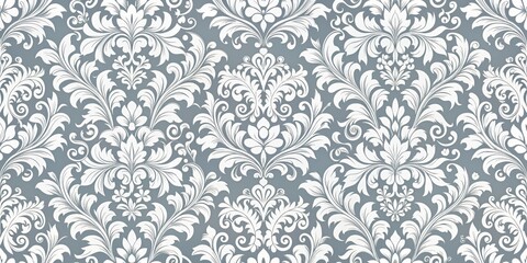 A delicate pattern of white floral designs on a soft gray background, creating a timeless and elegant aesthetic.