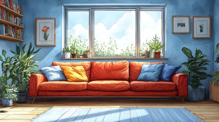 Comfortable apartment interior with orange sofa and vibrant decor