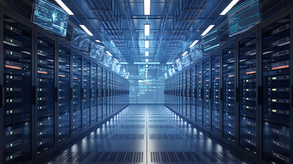 Obraz premium high-tech data warehouse, featuring rows of modern servers with blinking lights in a vast, secure facility, data center, big data