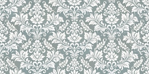 Elegant Ornate Floral Pattern with Detailed Foliage and Intricate Designs on a Soft Grey Background