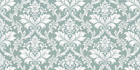 Seamless Vintage Floral Damask Pattern with Intricate Flourishes and Delicate White Motifs on a Soft Green Background