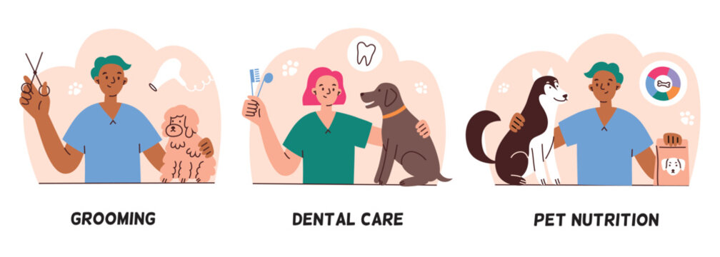 Vector illustration of veterinary and grooming services, dental care for pets, domestic animals nutrition. Flat cartoon design, perfect for pet care, vet clinics, and animal healthcare related themes