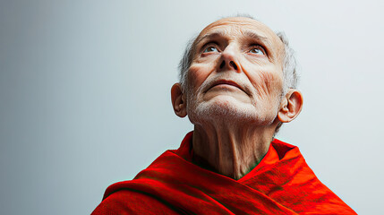 senior person in a red cloak looks up