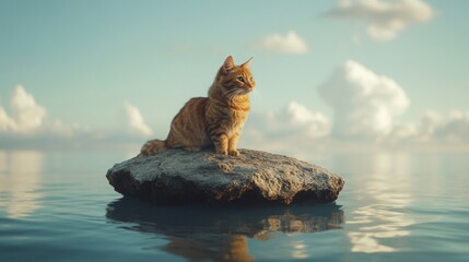 Cat perched on a hovering island above a vast ocean, serene atmosphere, whimsical setting, enchanting view of endless waters