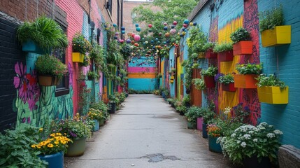 Vibrant Mural Oasis, an urban alley adorned with vivid murals and lush hanging plants creating a lively, artistic retreat in the city.
