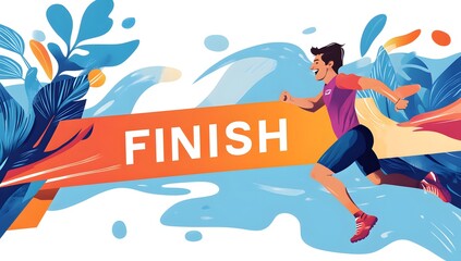Flat illustration of the athlete crossing the finish line and celebrating victory