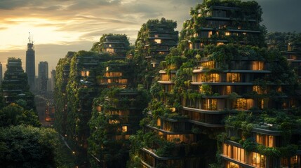 Eco-Centric Urban Oasis, vibrant city center featuring interconnected buildings adorned with lush vertical gardens promoting sustainability