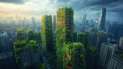 Obraz premium Eco-City Hub, a vibrant urban center featuring interconnected green buildings adorned with thriving vertical gardens and sustainable design.