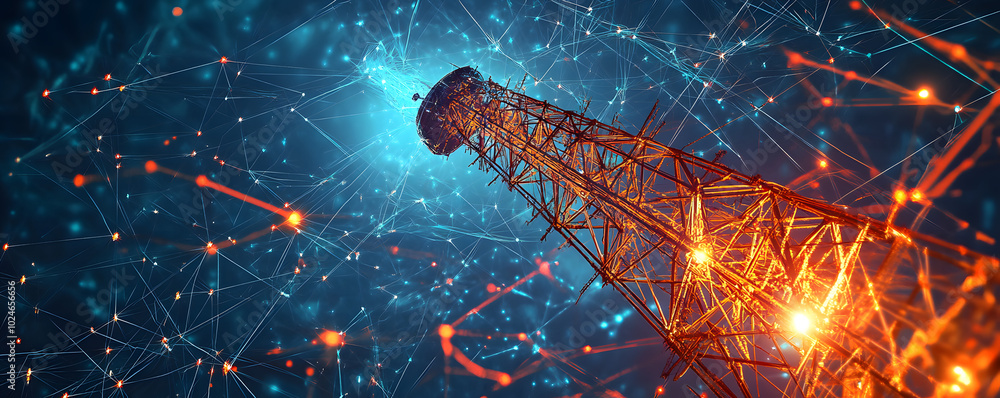 Poster telecommunication tower connecting global network with lines and nodes, symbolizing the power of com