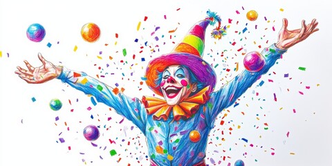 Obraz premium A colorful clown throws confetti and balls.