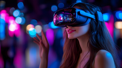 Woman using a VR headset in a dimly lit space