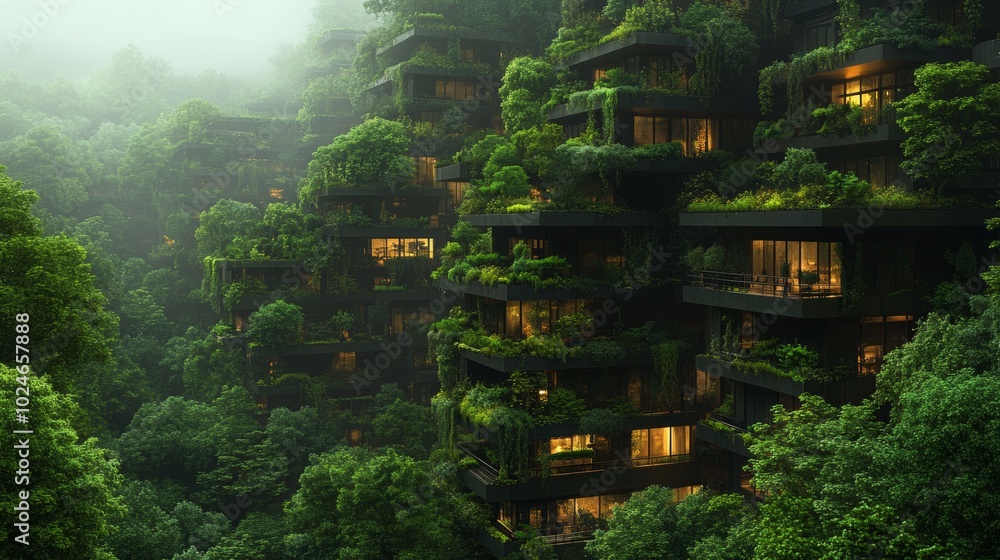 Poster verdant urban oasis, a vibrant cityscape enveloped in thriving greenery, where nature intertwines wi