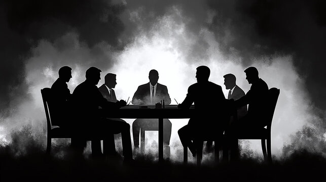Black and white illustration of a secret meeting, a group of business people sitting at a table in the smoke. Mafia. Silhouettes of office workers.