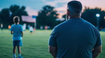 Fototapeta premium A veteran serviceman standing on the sidelines of a local football game, proudly watching as his child plays, with an American flag in the distance, symbolizing his integration bac