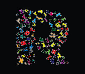 A vibrant assortment of multicolored R letters in different fonts and styles arranged dynamically on Large R font isolated on black
