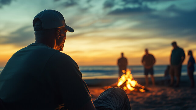 A veteran serviceman sitting by a bonfire at a beach, surrounded by friends and family, his expression peaceful as he looks out at the ocean, symbolizing the calm after service.