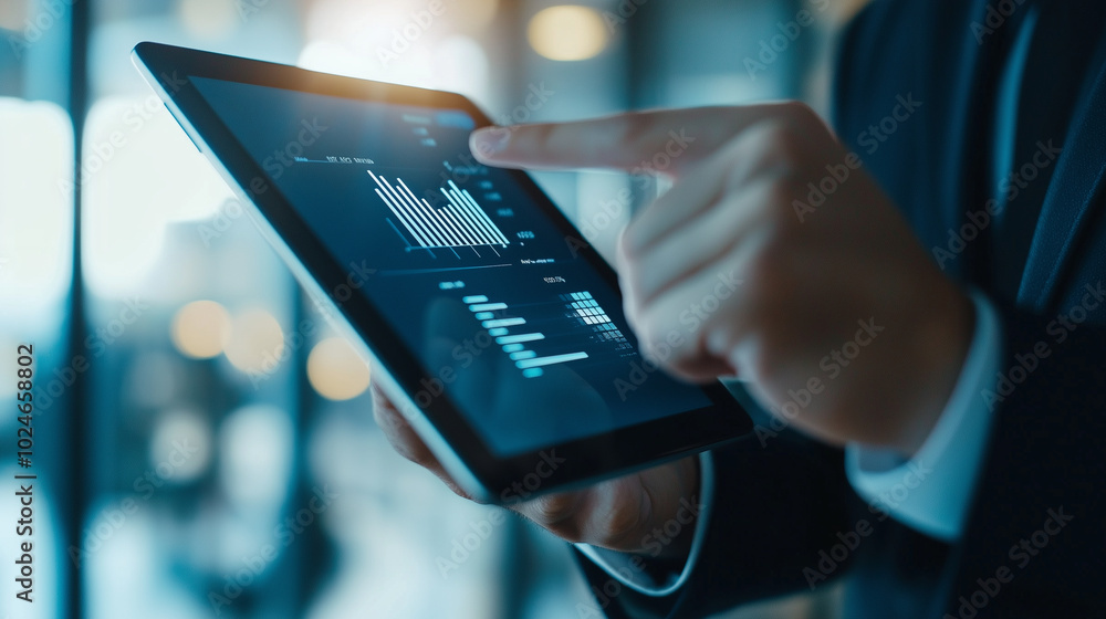 Poster a business professional holding a tablet in one hand, with fingers pointing at a bar graph displayed
