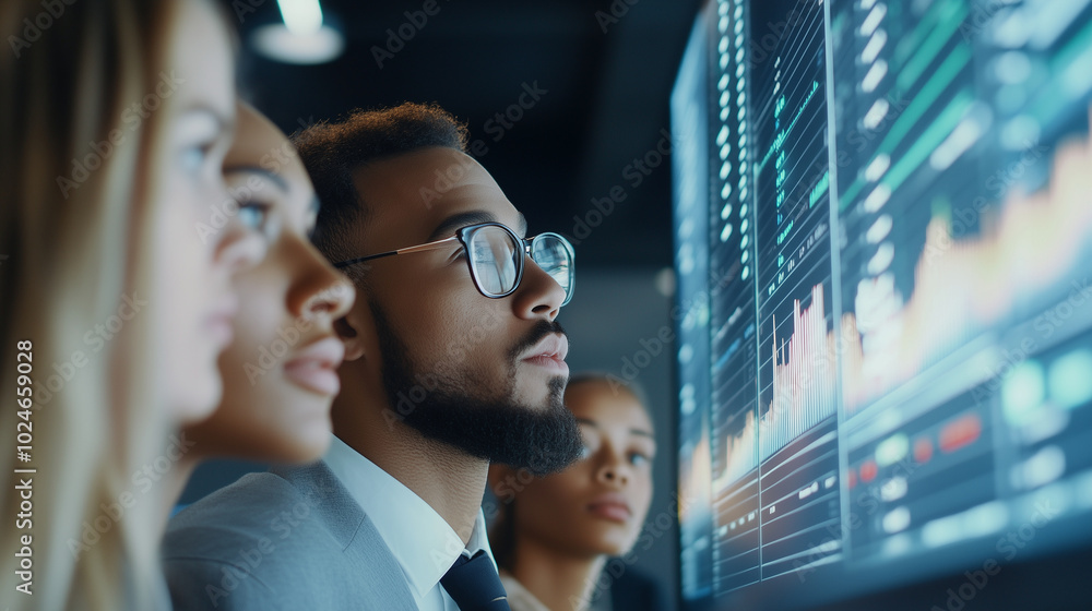 Poster a group of professionals in a modern office, all gathered around a computer screen displaying data r