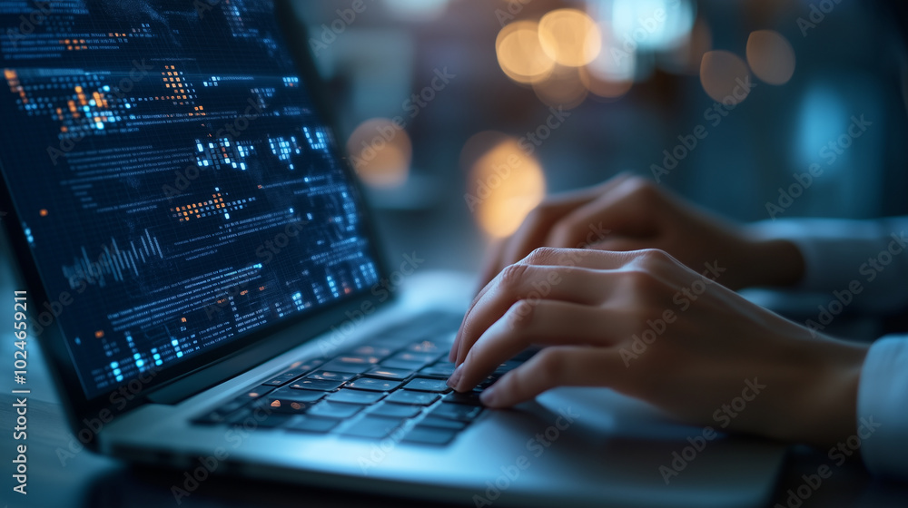 Poster a close-up of a businesswomanâs hands typing on a laptop keyboard with a complex data report displ