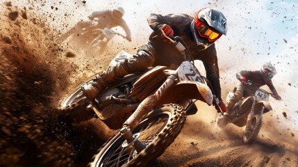 Motocross race in full action, riders navigating a dusty course, dirt bikes in motion, vibrant energy and focused expressions under the sun