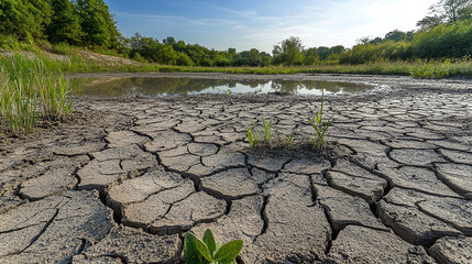 Severely dry wetland swamp and pond leading to cracked soil crust due to drought depicting the impacts of climate change and environmental disaster on the earth s surface posing a threat to