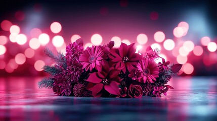  A bouquet of pink flowers sits atop a table against a blurry backdrop of dim lighting